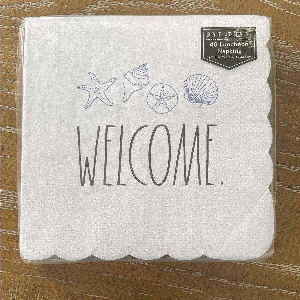 🐚Rae Dunn White “Welcome” 40 Luncheon Napkins with Beach Sea Motif Blue NEW